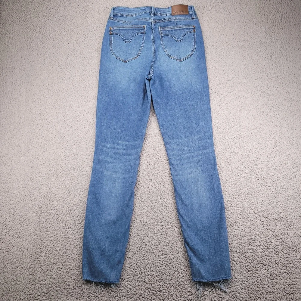 JUDY BLUE Jeans Size 7/28 Skinny Vintage Shield Pockets Raw Hem Blue Denim